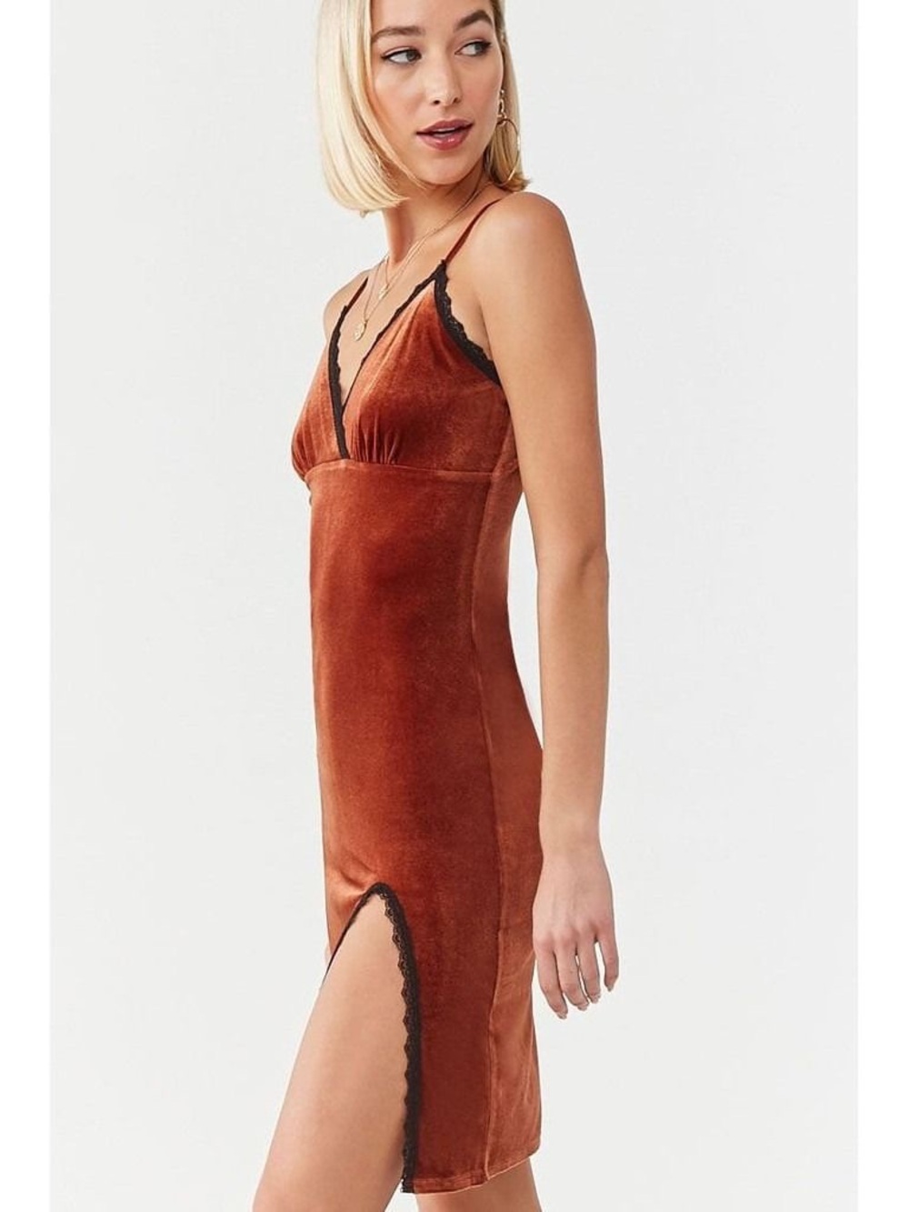 Forever 21 Velvet Slip Dress with Black Lace Trim - Rust Brown
